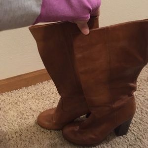 Genuine leather cognac mid shaft heeled boots